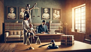 Çocuk velayeti davası sürecinde, ebeveyn belgelerini ve çocuk fotoğraflarını inceleyen uzman çocuk velayeti avukatının çalıştığı modern aile mahkemesi ortamı